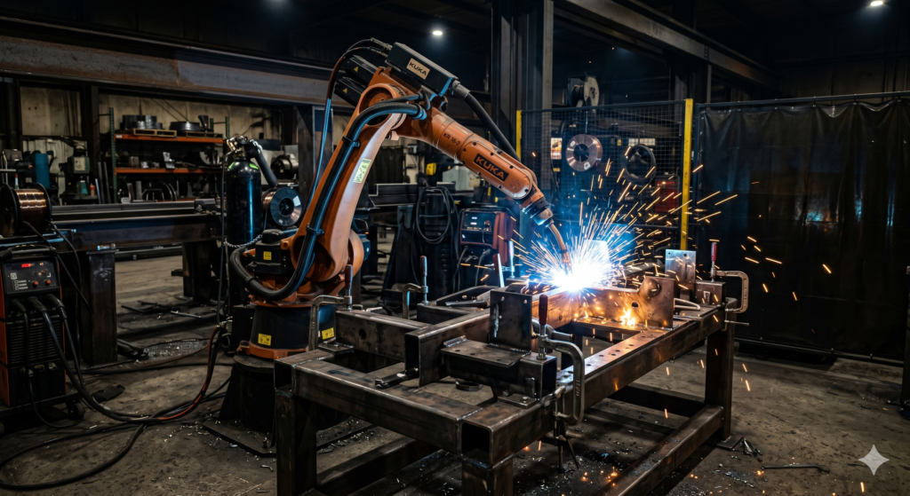 Robotic MIG welding arm in action at an OEM steel fabrication shop in 2026