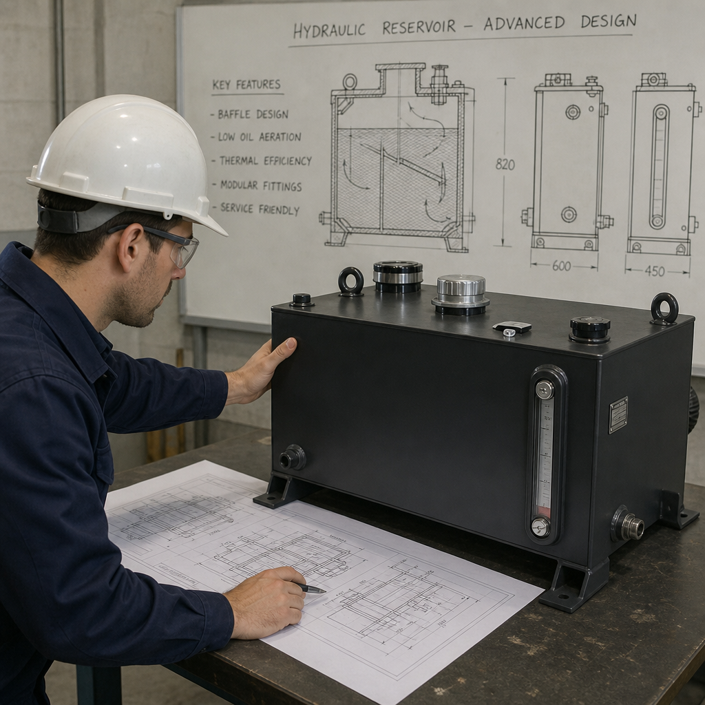 Hydraulic reservoir tank design Technician inspecting a custom hydraulic reservoir tank next to its CAD design drawing showing baffle placement and port layout