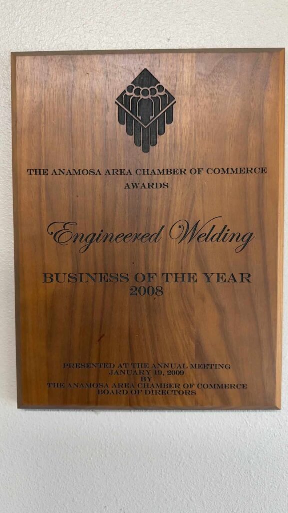 engineered-welding-business-of-the-year-2008.jpg Engineered Welding Business of the Year 2008 award from Anamosa Area Chamber of Commerce