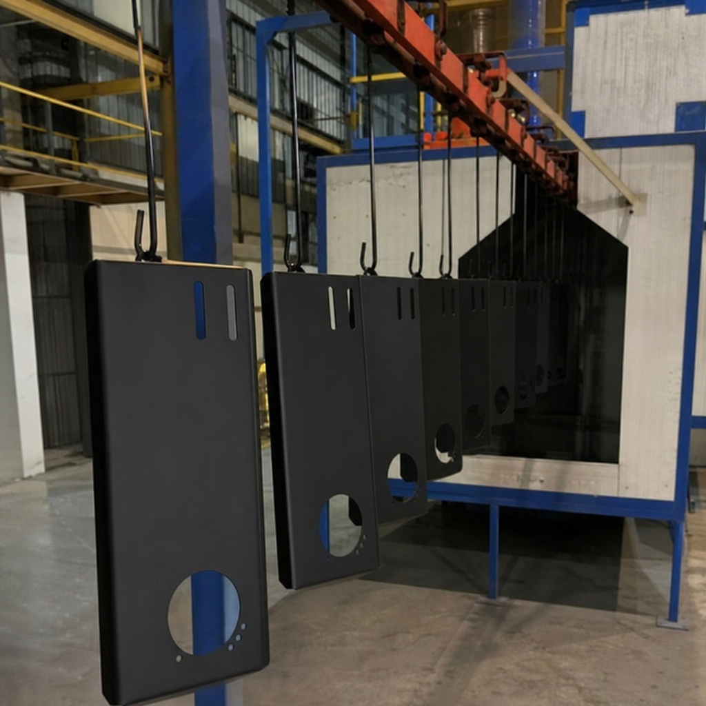 Powder coated metal parts hanging on a finishing line
